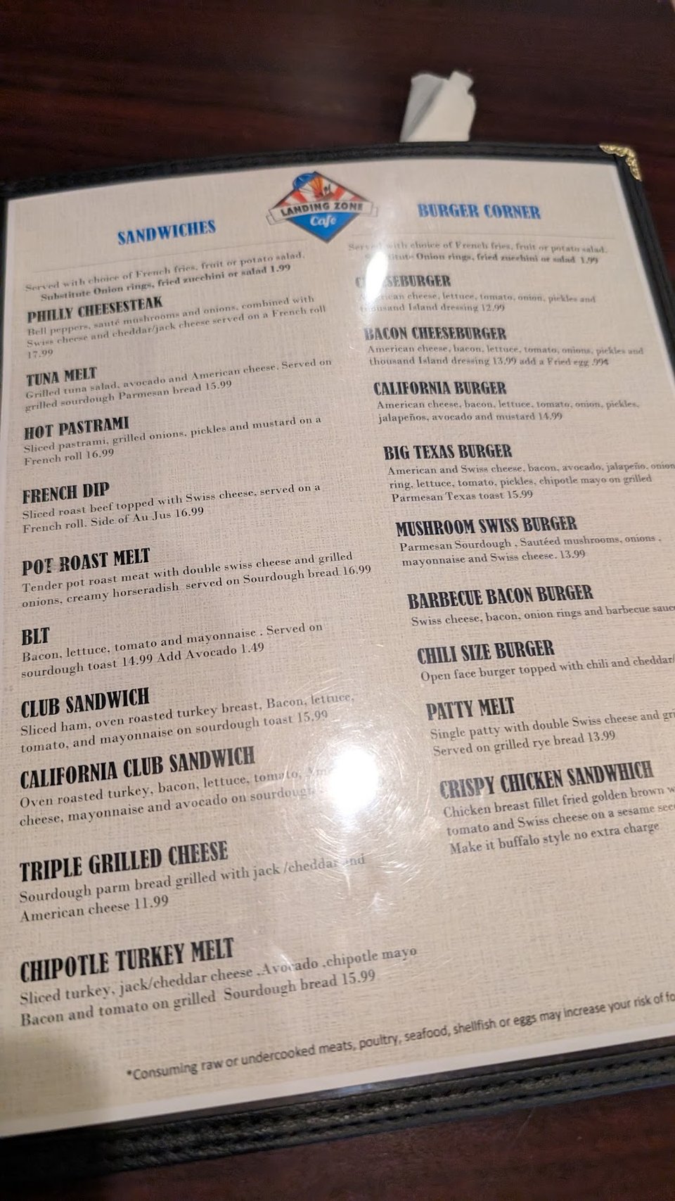 Printed menu showing American breakfast options.